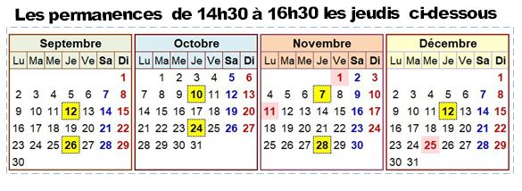 Calendrier Permanences Septembre à décembre